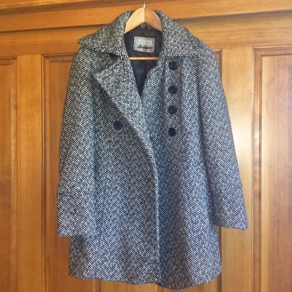 Guess Jackets & Blazers - Black/White Guess Herring Bone Tweed Pea Coat Sz M